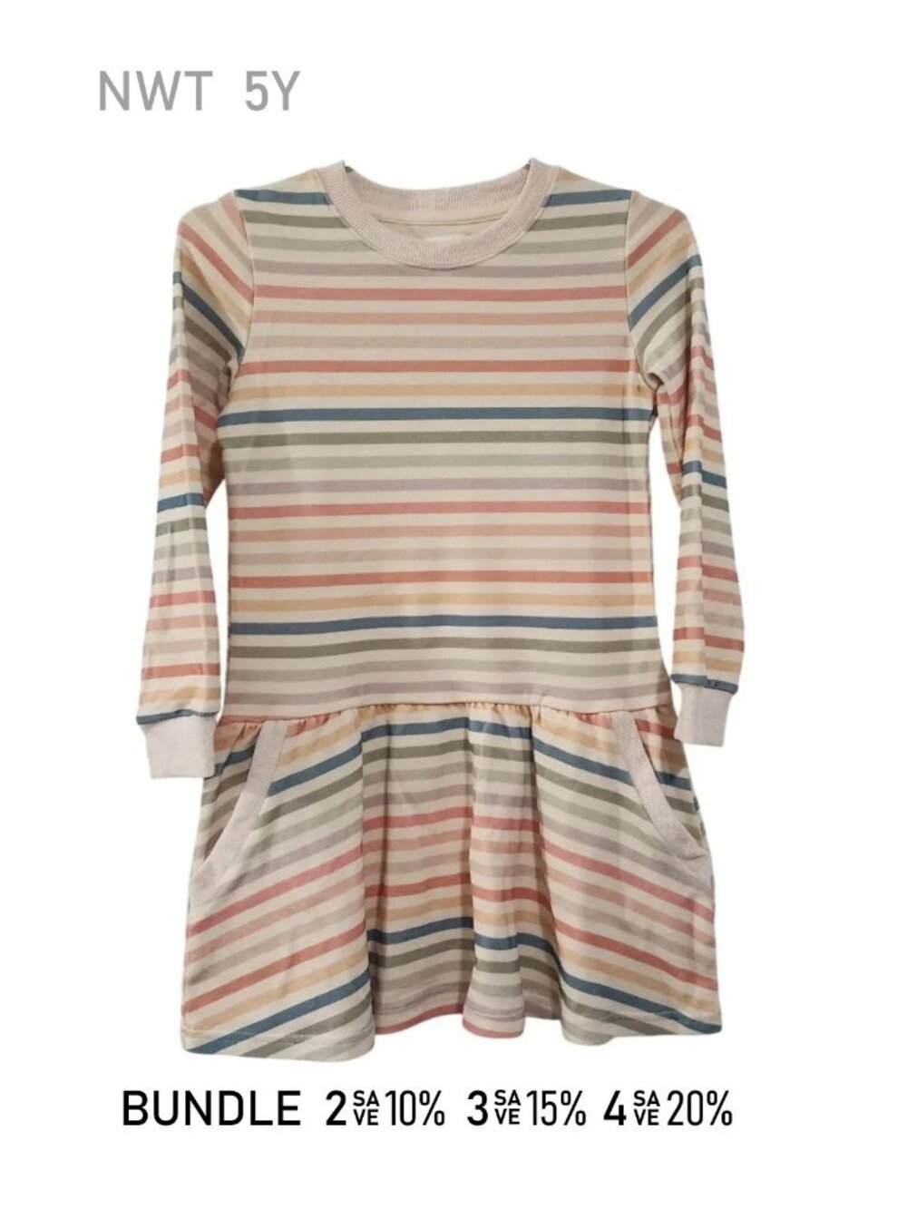 NWT - Multicolor Stripe print Cotton Dress with pockets - size 5Y